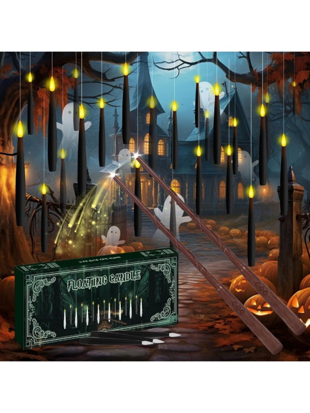 24Pcs Floating Candles with 2 Wand Remote Timer for Halloween Decor - Black